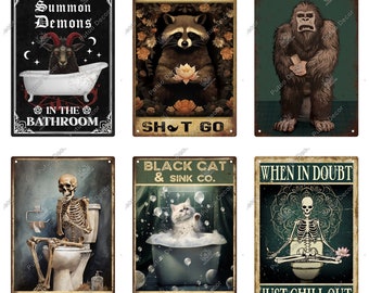 WC Toilette Lustige Tiere Restroom Retro Blechschild Vintage Badezimmer Plakette Metallplatten Wand Kunst Poster Dekoration Well Crap Wash Your Paws