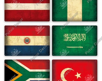 Placa de metal decorativa com as bandeiras de diversos países para parede, bar, pub, sala de estar, casa ou porta: Arábia Saudita, Turquia e África do Sul.