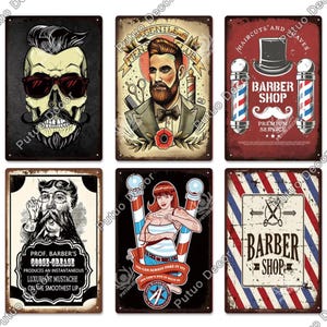 Retro Barber Shop Metallskylt Rolig Plåt Väggdekor Skägg Mustasch Rakning Dödskalle Hårklippning Tatuering Flicka Gentlemän Klubb Professor Barber Grease