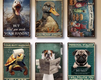 WC Funny Animals Restroom Retro Tin Sign Vintage Bathroom Plaque Metal Plates Wall Art Posters Decoration Wash Your Hands Your Butt Napkins