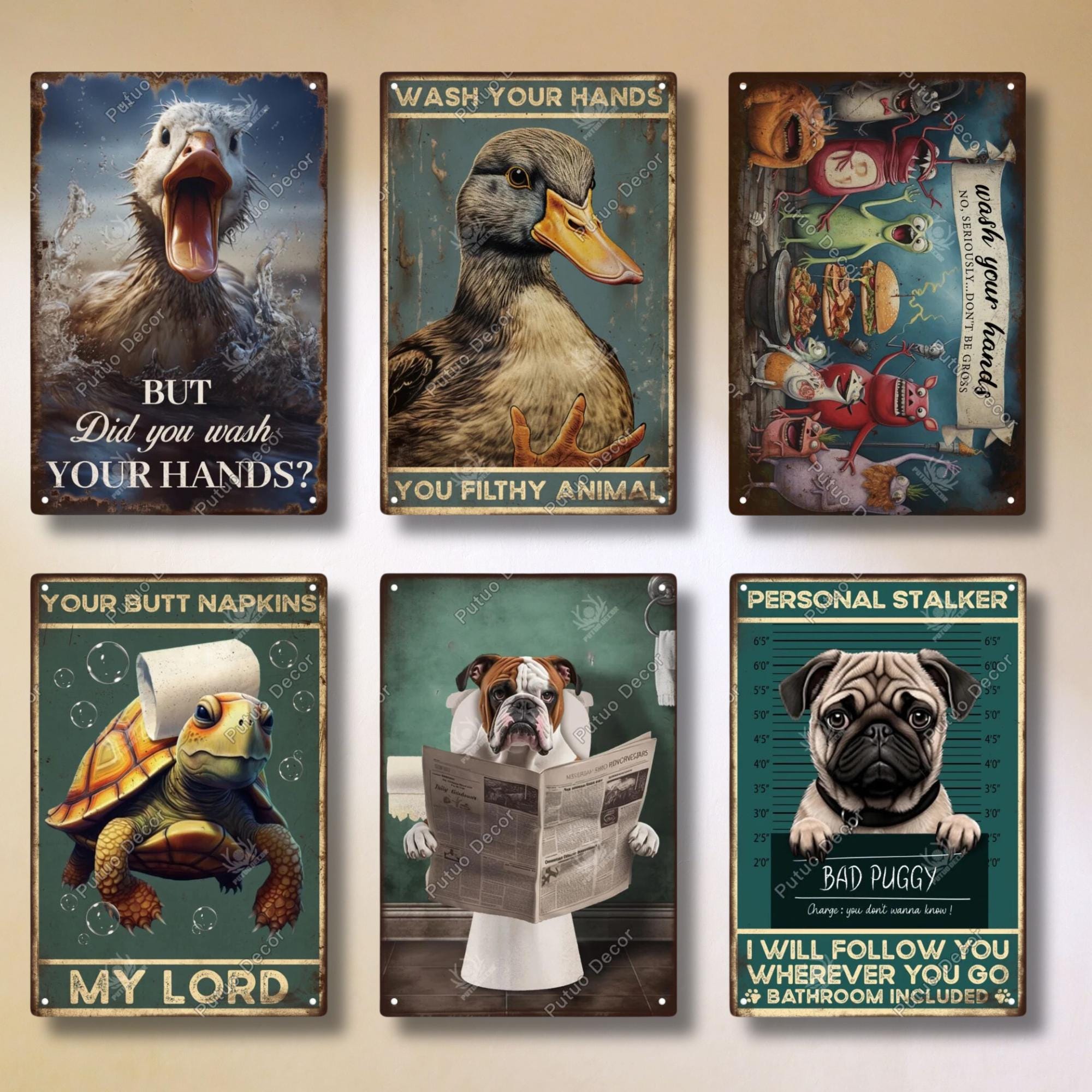 WC Lustige Tiere Restroom Retro Blechschild Vintage Badezimmer Plakette Metallplatten Wand Kunst Poster Dekoration Wash Your Hands Your Butt Servietten