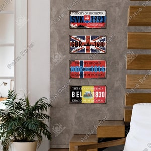 Drapeaux de style national, villes du monde, plaques d'immatriculation, plaque vintage, enseigne en métal, décoration murale, maison, bar, peinture, affiche norvège belgique