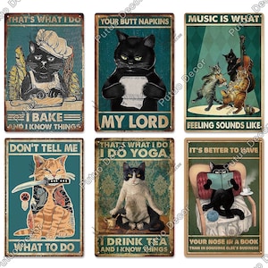 Cartello in metallo con gatti divertenti, stile vintage, animali retrò, poster in latta per soggiorno, toilette, bagno, decorazione da parete per la casa