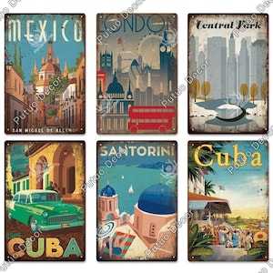 Cartel de hojalata con países con destinos turísticos del mundo, placa de metal, póster de arte de pared vintage para el hogar, sala de estar, casa de playa, Londres, Central Park