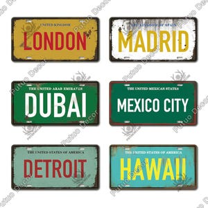 Plaques d'immatriculation des villes du monde enseignes en métal vintage londres madrid dubaï mexique détroit hawaï décoration murale maison bar peinture affiche