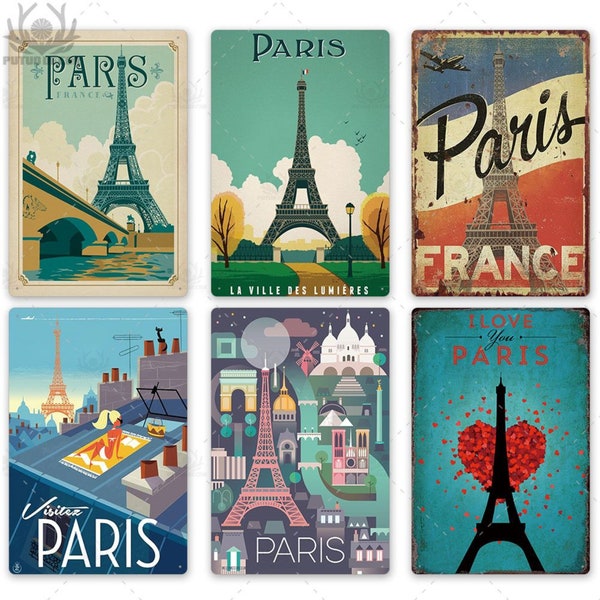 I Love You Paris Vintage Tin Sign Plaque Metal Retro Style Rusted Bar House Home Living Room Decorative Wall Poster France Bonjour Paris