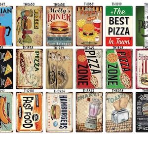 Retro Style Hot Dog Hamburger Pizza Tin Sign for Kitchen, Cafe, Diner, or Bar - Vintage Metal Plaque Wall Decor Poster - Fast Food Theme
