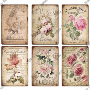 Letrero de hojalata vintage con rosas victorianas antiguas, póster de metal retro, decoración de pared estilo shabby chic para sala de estar, comedor, jardín, patio, plato rústico