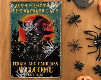 Salem Sanctuary For Wayward Cats Ferals And Famirials Welcome Est Halloween Metal Tin Sign Black Cat Plaque Wall Poster Party Scary Night