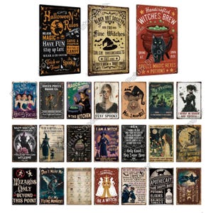 May include: A collection of 20 vintage-style metal signs with Halloween themes. The signs feature various illustrations and text, including witches, brooms, potions, and spooky sayings. The signs are perfect for decorating a home or business for the Halloween season.