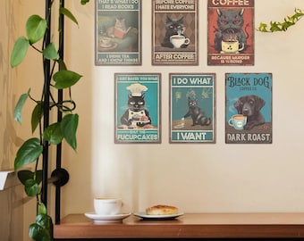 Funny Cat Dog Drink Tea Coffee Metal Tin Sign Retro Style Home Wall Decoration Poster Kitchen Bar Plaque
