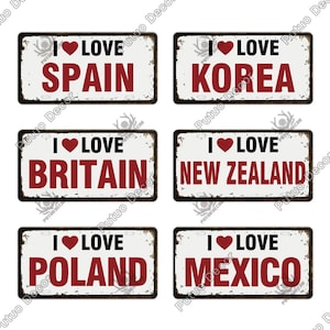 I Love Country Themed Lizenz Metallplatten Vintage Verrostet Souvenir Souvenir Zinn Plaque Wanddekor Schild Spanien Mexiko Korea