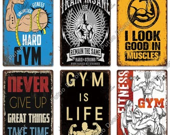 Vintage Metal Gym Fitness Motivation Tin Plate Signs Train Insane Never Give Up Gym Is Life Workout Wall Decor Retro Style Inspiring Plaque
