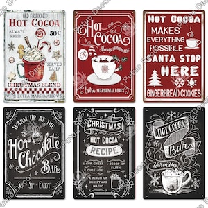 Hot Cocoa Tin Signs Christmas Retro Style Plaque Metal Plates Vintage Rusted Wall Art Posters for Cafe Bar Living Room Kitchen Home Decor