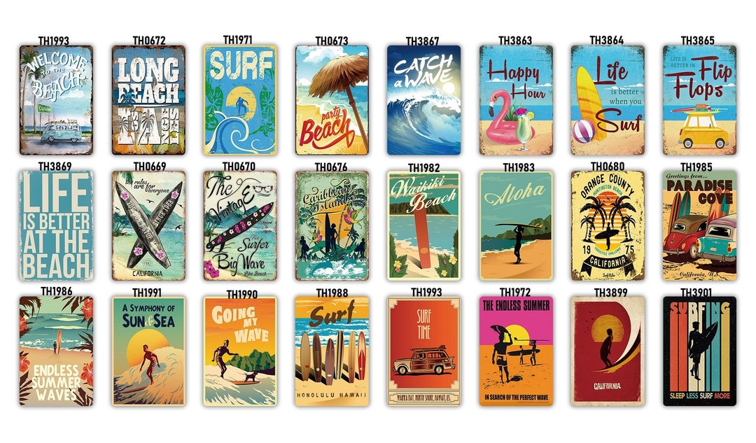 Surfing Beach Summer Retro Style Metal Tin Sign Plaque Wall Decor