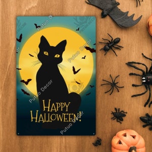 Letrero de hojalata de metal de Feliz Halloween con diseño de gato negro y luna llena, póster de pared, decoración divertida para fiestas, noche de miedo.