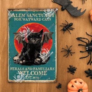 Salem Sanctuary For Wayward Cats Ferals And Famirials Welkom Halloween Metalen Emaille Bord Zwarte Kat Plaquette Muurposter Party Fun Scary Night