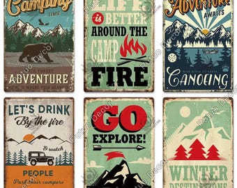 May include: A collection of six vintage-style metal signs with outdoor adventure themes. The signs feature illustrations of mountains, campfires, bears, and text such as "Camping Time," "Adventure Awaits," and "Go Explore!" The color palette includes greens, browns, and reds.