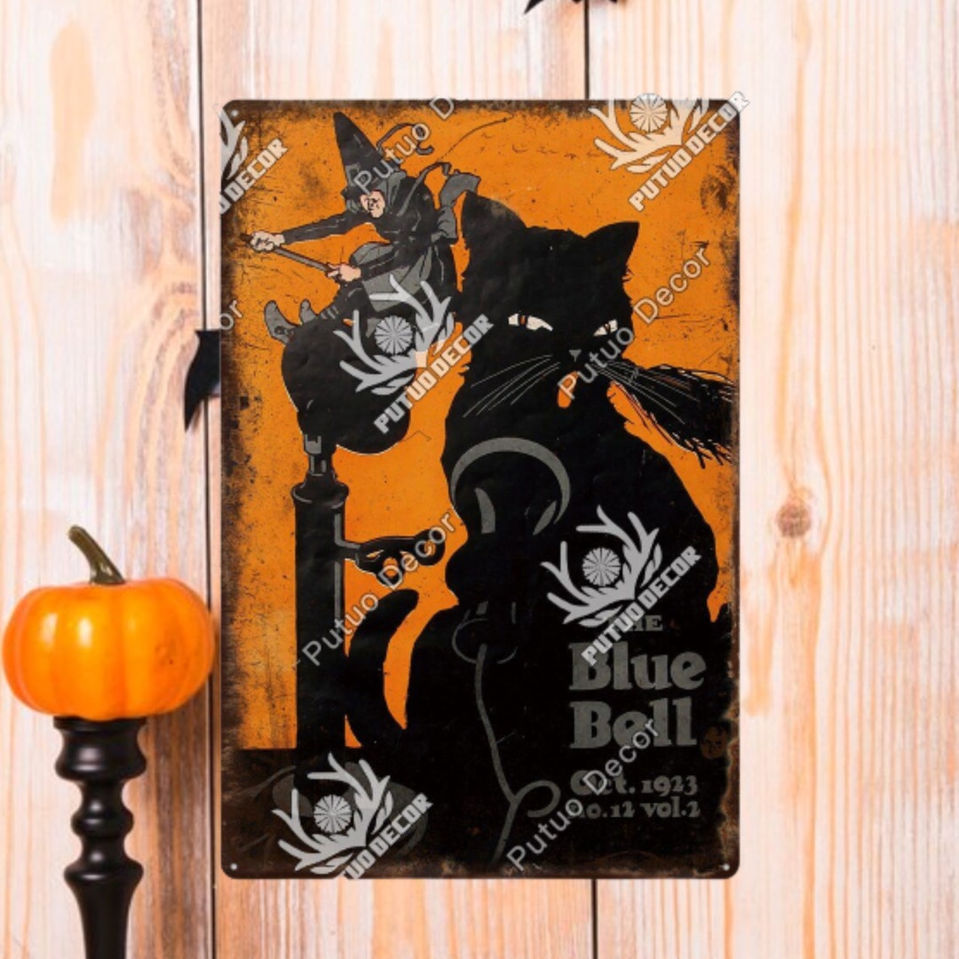 Flying Broom Witch Black Cat Halloween Metal Tin Sign Plaque Fall Home ...