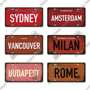 World Städte Nummernschilder Vintage Metallschilder Sydney Amsterdam Vancouver Mailand Budapest Rom Wanddekoration Hausbar Malerei Poster