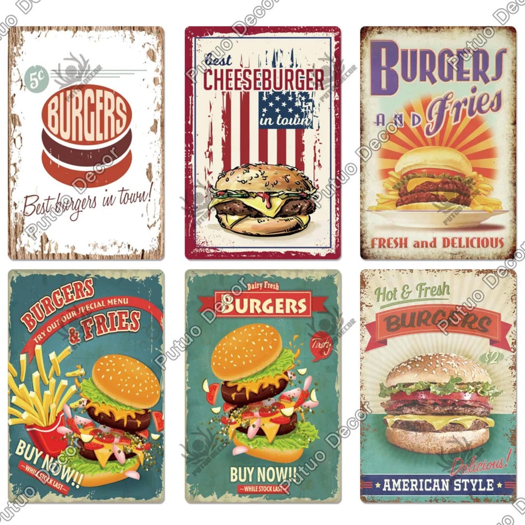 Burger Tin Sign Vintage Metal Wall Plaque American Diner Retro Poster ...