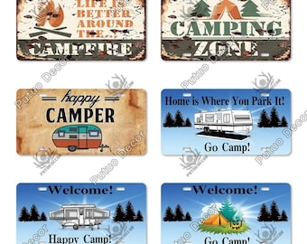 Camping License Plate Signs for RV Camper Wall Decor Outdoor Campsite Accessories Life is Better Happy Camper Home is Where You Park It