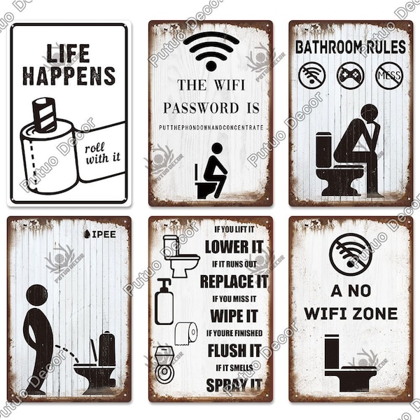 Divertidas reglas de baño Wifi carteles de hojalata estilo vintage placa de baño placas de metal arte de pared retro carteles decoración inodoro WC pinturas oxidadas