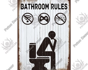 Toilet Rules - Targa in metallo, decorazione umoristica da bagno, con regole per WC, 40 cm x 30 cm