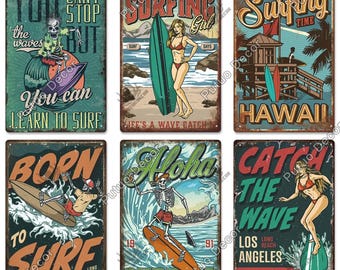 May include: A set of vintage metal signs with surfing themes. Each sign features retro graphics of surfers, waves, and beach scenes. Text includes phrases like "Catch the Wave" and "Aloha Surfing."