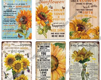Sunflowers Vintage Tin Sign Retro Metal Poster Shabby Chic Wall Decor for Kitchen Living Dining Room Garden Yard Plate Positive Quote Vibes