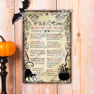 Witch&#39;s Home Rules Of The House Halloween Metal Tin Sign Plaque Wall Poster Party Fun Decoration