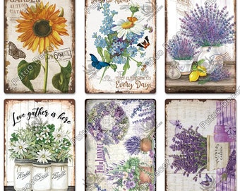Flower Vintage Tin Sign Retro Metal Poster Shabby Chic Wall Decor for Kitchen Living Dining Room Garden Yard Plate Eau De Lavande Sunflowers