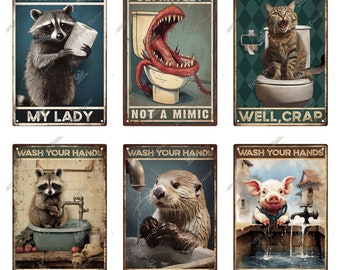 WC Toilette Lustige Tiere Restroom Retro Blechschild Vintage Badezimmer Plakette Metallplatten Wand Kunst Poster Dekoration Wash Your Hands Well Crap