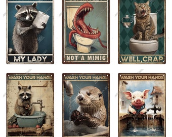 WC Toilet Funny Animals Restroom Retro Tin Sign Vintage Bathroom Plaque Metal Plates Wall Art Posters Decoration Wash Your Hands Well Crap