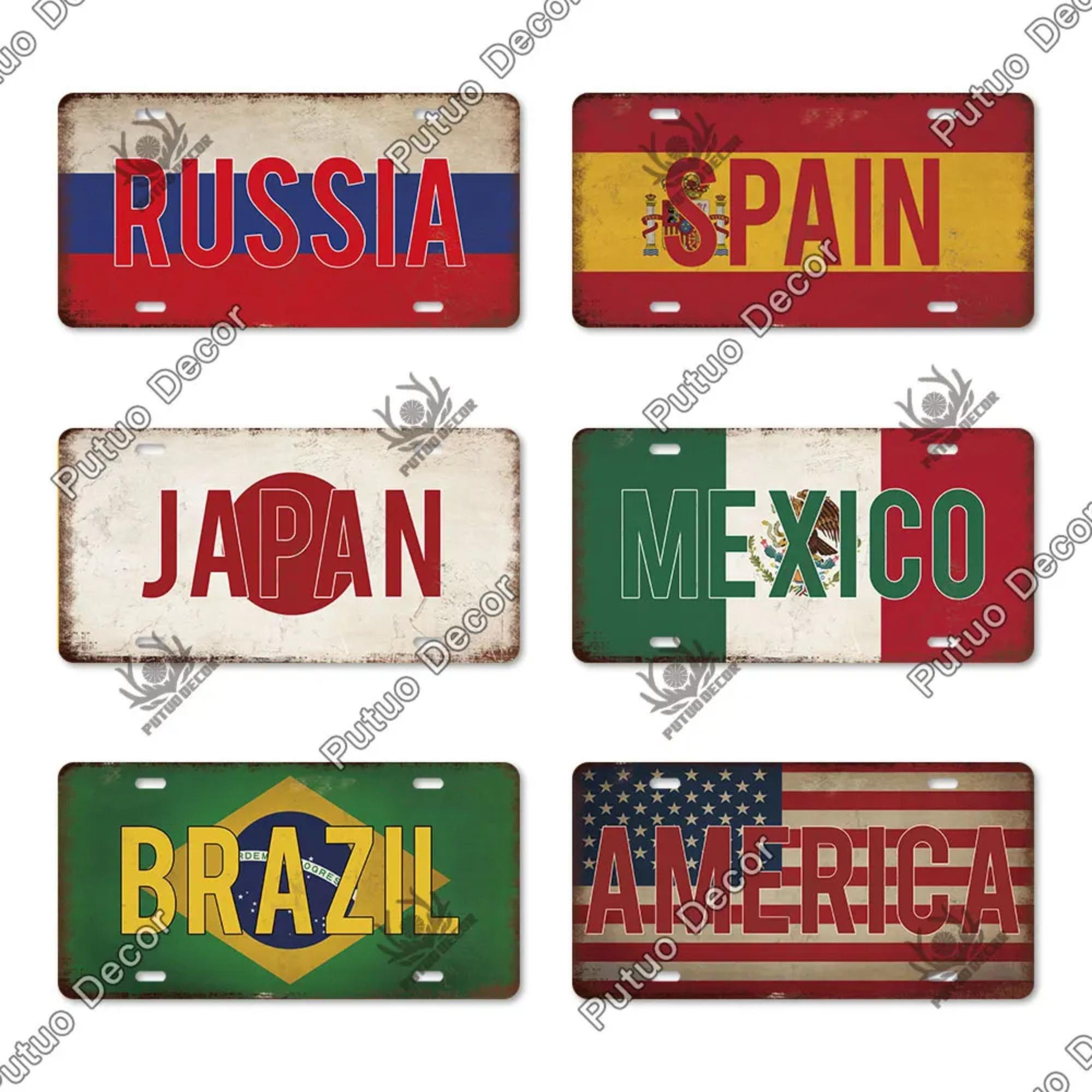 World Countries National Style Flags License Plates Vintage Plaque Metal Sign Wall Decoration Home Bar Painting Poster Spain Japan Mexico