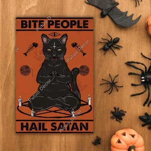 Ugryź ludzi, cześć szatanowi, Halloween, metalowa tabliczka z blaszanym napisem, czarny kot, plakat ścienny, impreza, zabawa, dekoracja, straszna noc