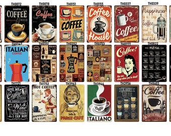 May include: A collection of vintage-style metal signs featuring coffee-themed designs. The signs have various colors and designs, including images of coffee cups, coffee beans, and coffee makers. Some signs have text, such as "Coffee!" and "Happiness in a cup".