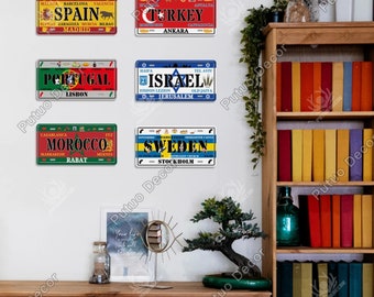 World Countries National Style Flags License Plates Vintage Plaque Metal Sign Wall Decoration Home Bar Painting Poster Spain Turkey Morocco