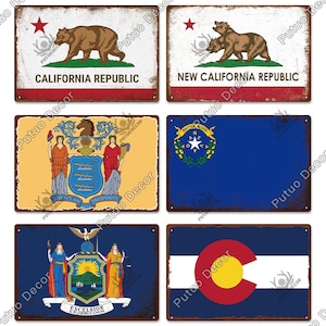 Amerika Staten Vlaggen Metalen Bord Plaquette Vintage Tin Decor voor Woonkamer Yard Club Home Muurposter Californië New Jersey Nevada New York