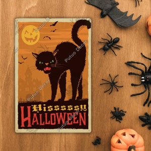 Hisssssy Halloween Metal Tin Sign Cartoon Black Cat Plaque Wall Poster Party Fun Decoration Scary Night