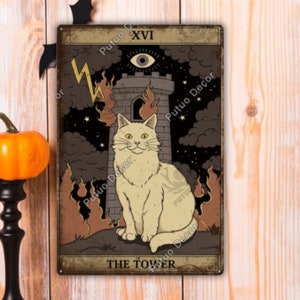 La tour chat blanc carte de tarot Halloween métal métal plaque plaque affiche murale fête décoration amusante nuit effrayante