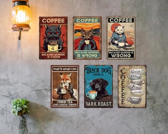Funny Cat Dog Drink Tea Coffee Metal Tin Sign Retro Style Home Wall Decoration Poster Kitchen Plate Bar Rusted Plaque