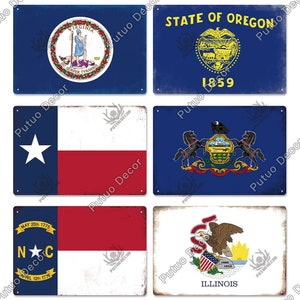 Amerika Staten Vlaggen Metalen Bord Plaquette Vintage Tin Decor voor Woonkamer Yard Club Home Muurposter Texas North Carolina Ilinois Oregon