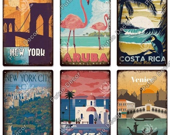 World Travel Destinations Countries Tin Sign Plaque Metal Plate Vintage Wall Art Poster for Home Living Room Beach House Costa Rica Crete