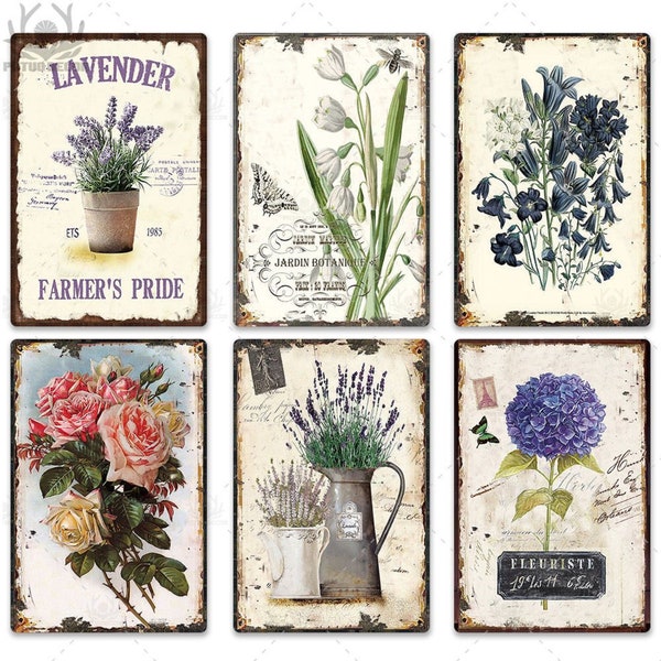 Flower Vintage Tin Sign Retro Metal Poster Shabby Chic Wall Decor for Kitchen Living Dining Room Garden Yard Plate Lavender Hortenzia Roses
