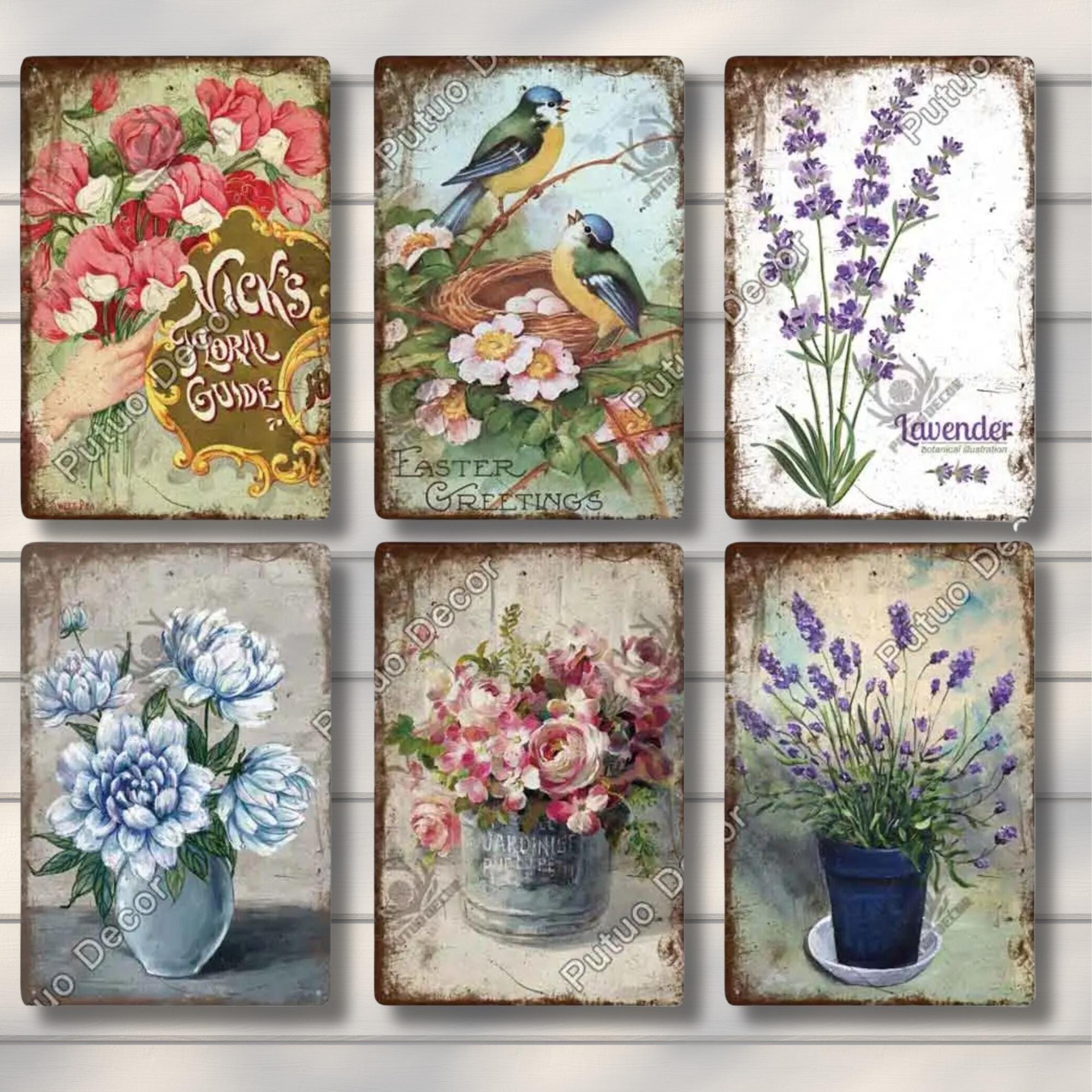 Flower Blossom Tin Sign Retro Metal Poster Shabby Chic Wall Decor for Kitchen Living Dining Room Garden Yard Plate Lavender Potted Plants