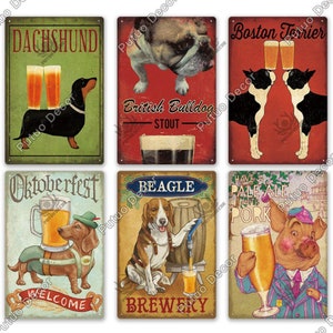 Animal Beer Drink Lover Vintage Metal Tin Sign Decorative Wall Plaque Pub Bar Man Cave Club Decor Dachshund Boston Terrier British Bulldog