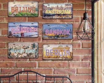 Countries Capital Cities License Plates Metal Sign Plaque Vintage Tin Sign for Restaurant Bar Pub Cafe Man Cave Decoration Amsterdam Berlin