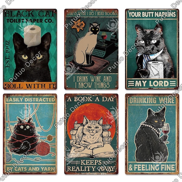 Cartel de Metal de gato divertido negro, placa de estilo Vintage, póster de estaño de animales Retro para sala de estar, baño, Wc, decoración de pared del hogar