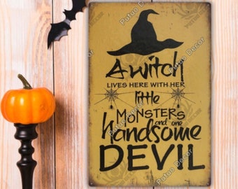 Halloween For Cats - The Wicked Witch And Her Little Monsters Live Here - Personalized Metal Sign, Halloween Ideas